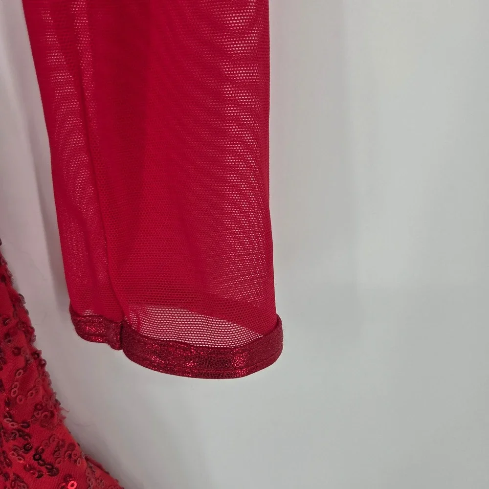 Balera Red Sequin Dance Leotard Dress Long Mesh Sleeve Mock Neck LC Kids